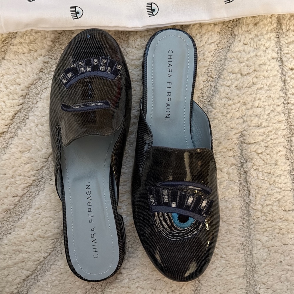 Chiara Ferragni Black Patent Eye-Embroidered Backless Mules